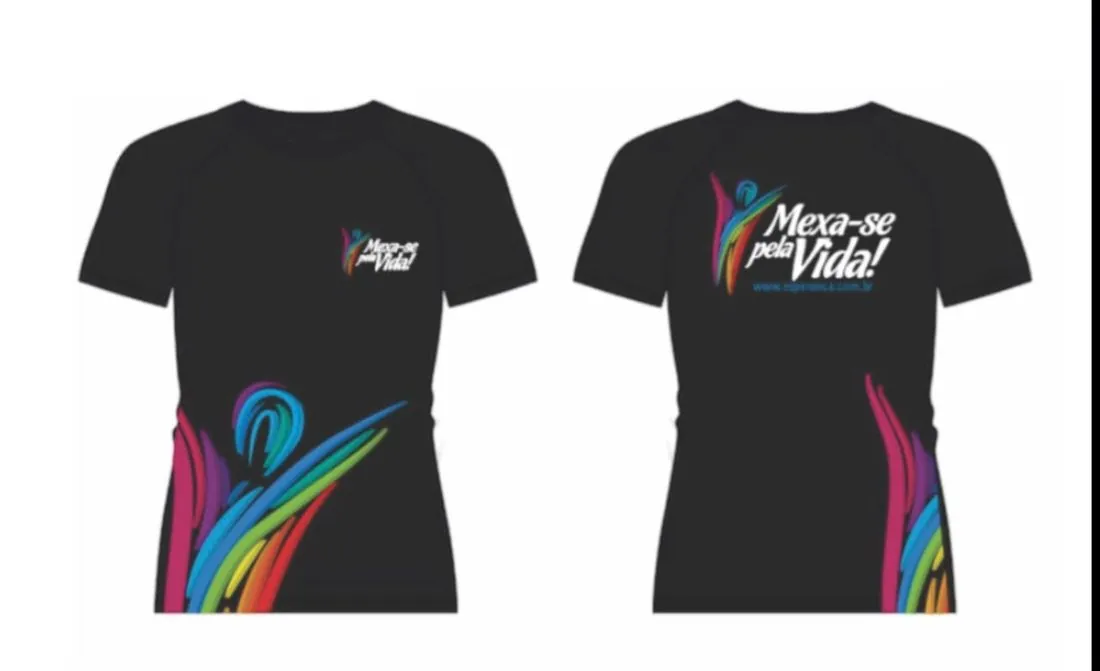 Black custom training shirt with rainbow gradient Mexa-se pela Vida wellness program artwork